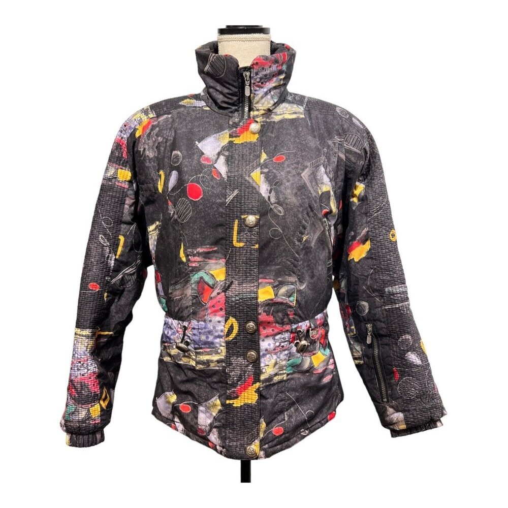 VTG 90s Nils Womens Ski Snowboarding Cinch Waist‎ Jacket All Over Abstract Print